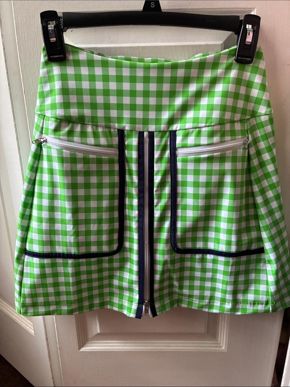 Kinona Lime Gingham Mini Skirt with Navy Trim and White Zips